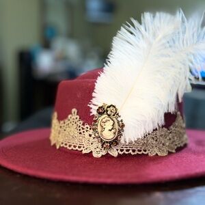 Chic Red Fedora with Gold Lace Accent